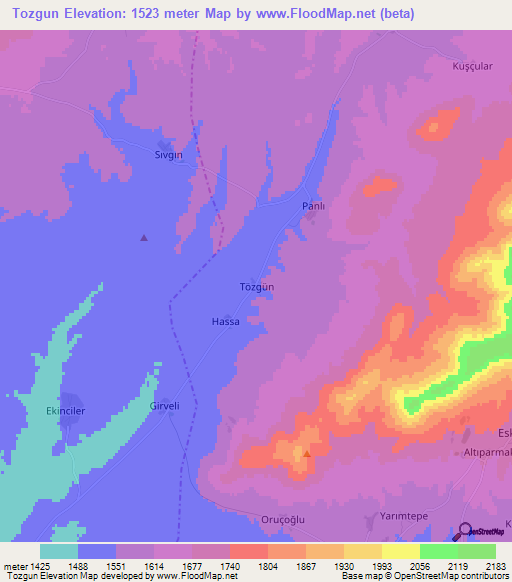 Tozgun,Turkey Elevation Map