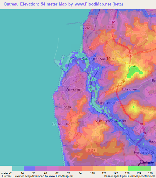 Outreau,France Elevation Map