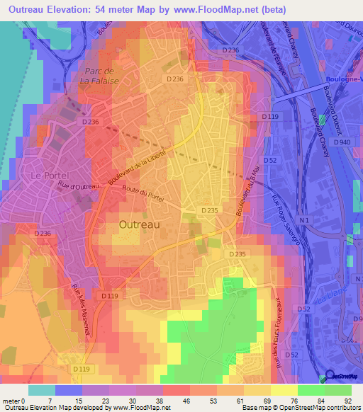 Outreau,France Elevation Map