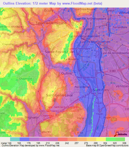 Oullins,France Elevation Map