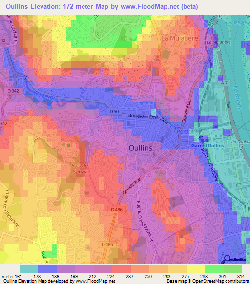 Oullins,France Elevation Map