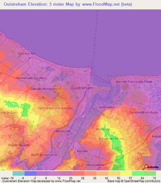 Ouistreham,France Elevation Map