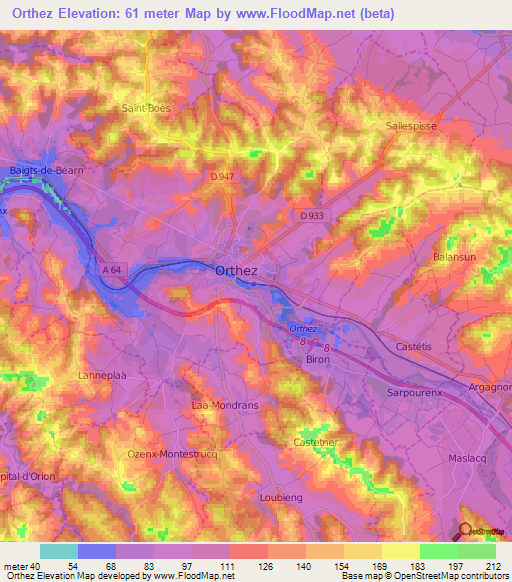 Orthez,France Elevation Map