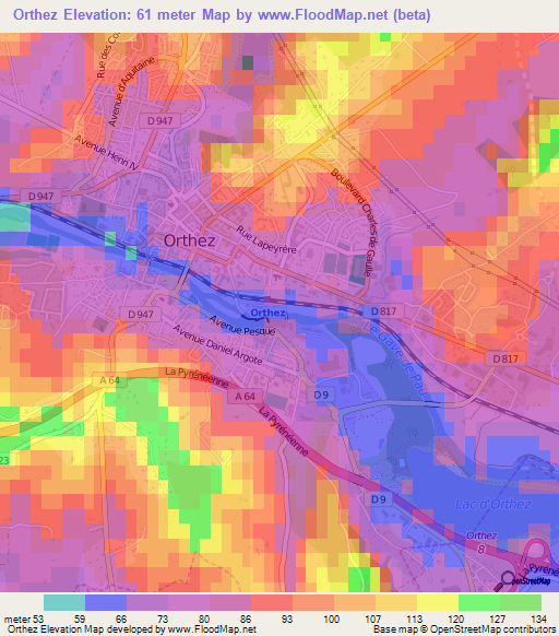 Orthez,France Elevation Map