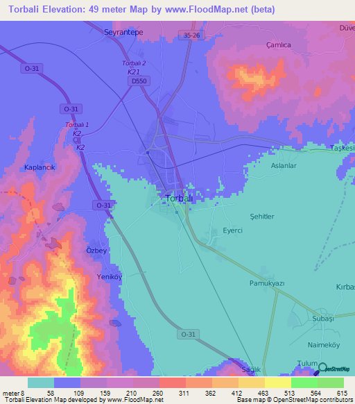 Torbali,Turkey Elevation Map