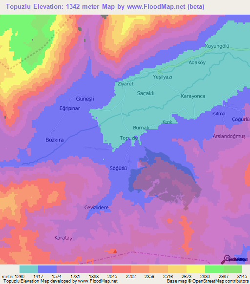 Topuzlu,Turkey Elevation Map