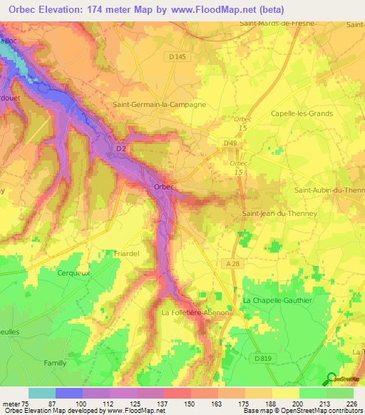 Orbec,France Elevation Map