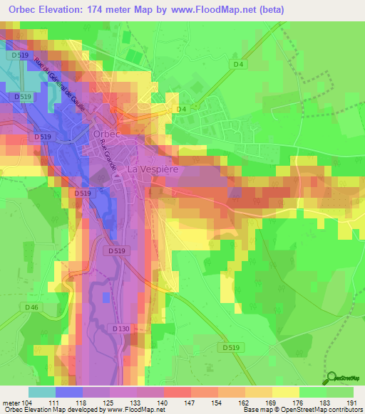 Orbec,France Elevation Map