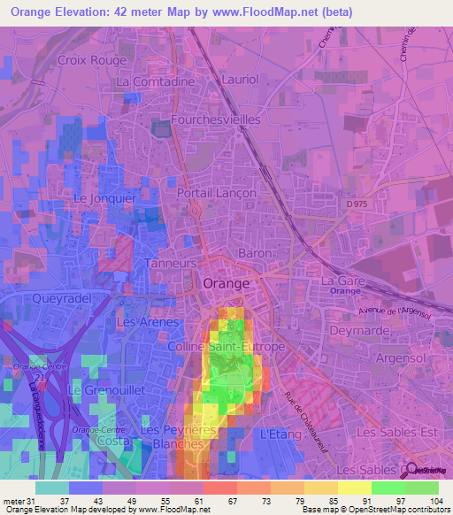 Orange,France Elevation Map