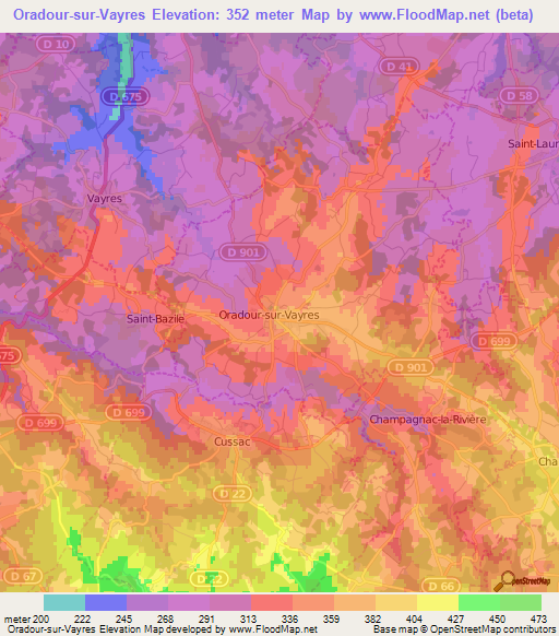 Oradour-sur-Vayres,France Elevation Map