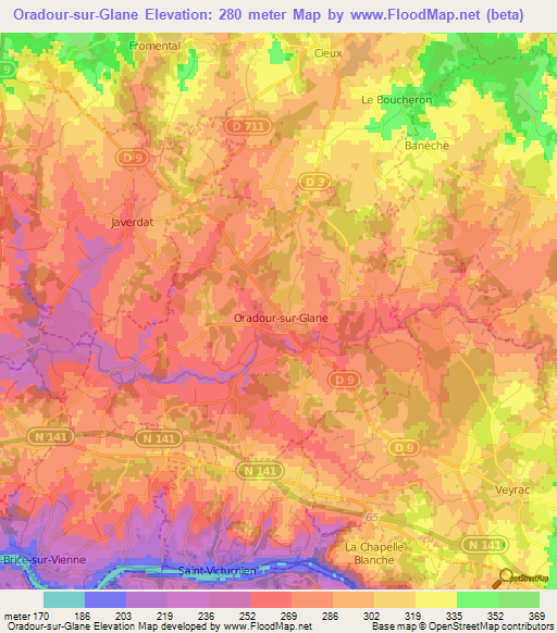 Oradour-sur-Glane,France Elevation Map