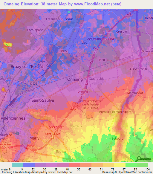 Onnaing,France Elevation Map