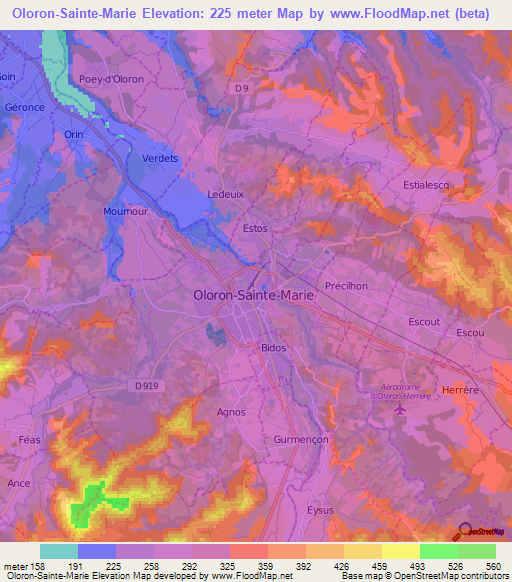 Oloron-Sainte-Marie,France Elevation Map