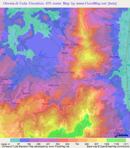 Olmeta-di-Tuda,France Elevation Map