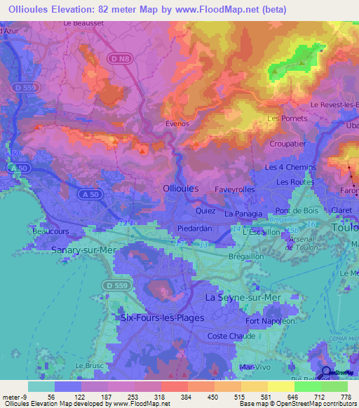 Ollioules,France Elevation Map