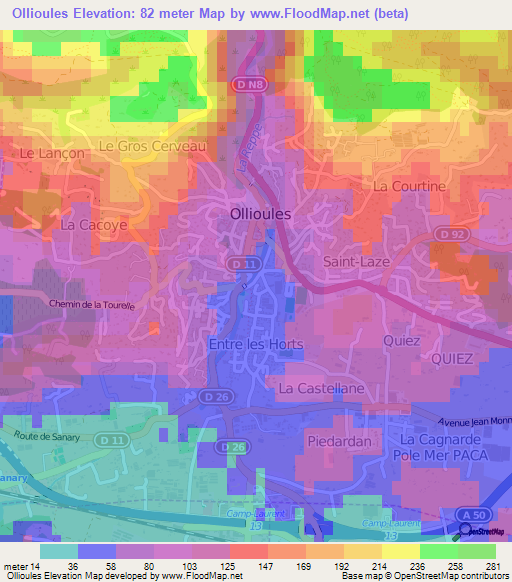 Ollioules,France Elevation Map