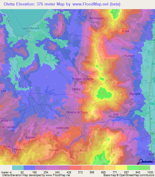 Oletta,France Elevation Map