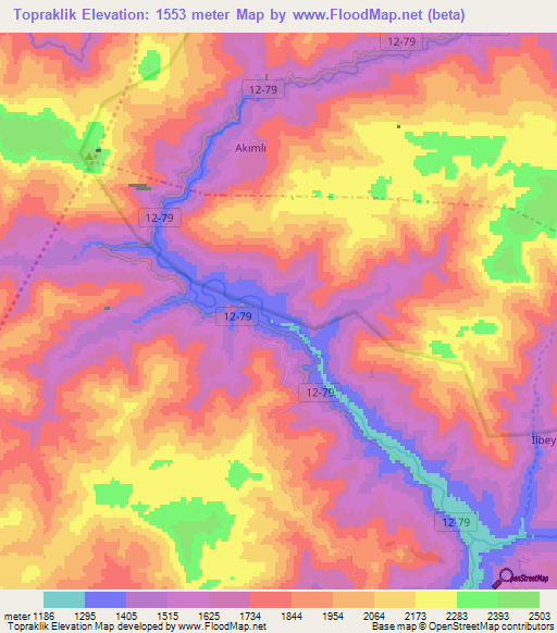 Topraklik,Turkey Elevation Map