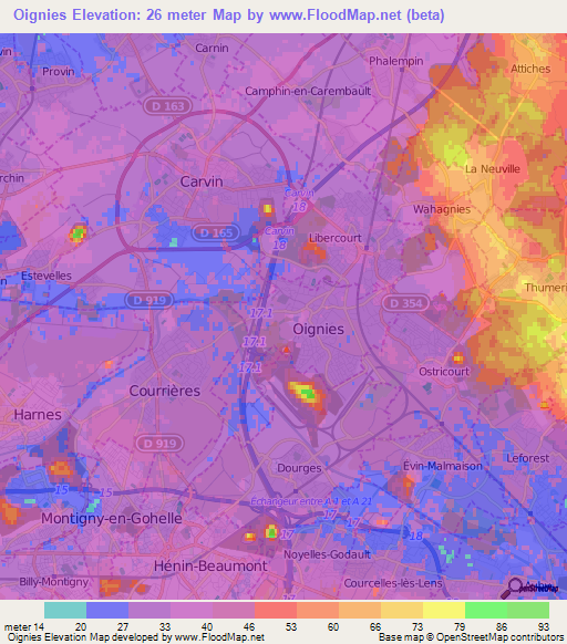 Oignies,France Elevation Map