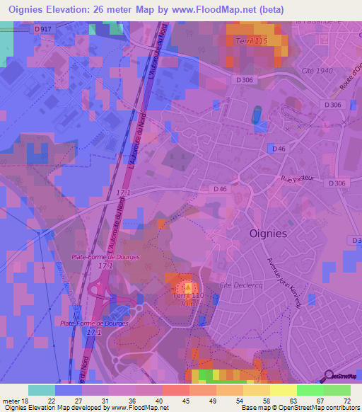 Oignies,France Elevation Map