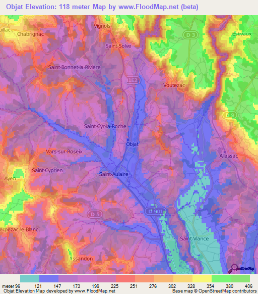 Objat,France Elevation Map