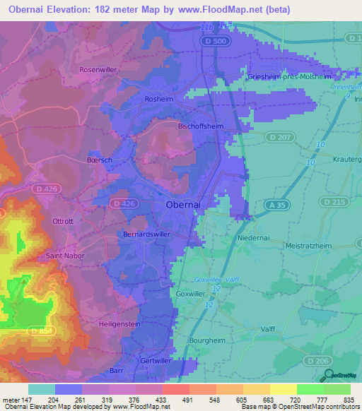 Obernai,France Elevation Map