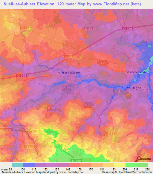 Nueil-les-Aubiers,France Elevation Map