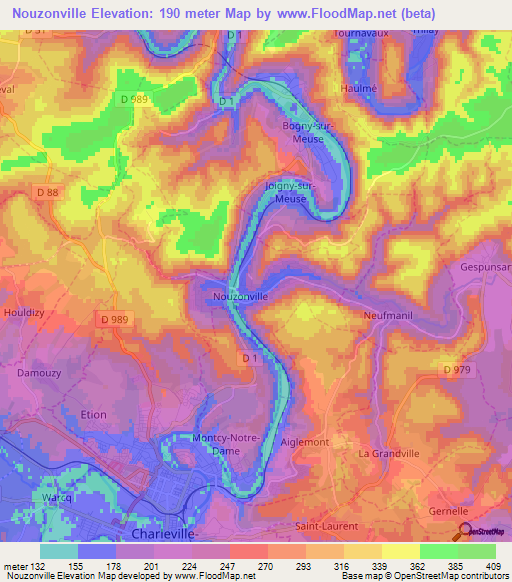 Nouzonville,France Elevation Map