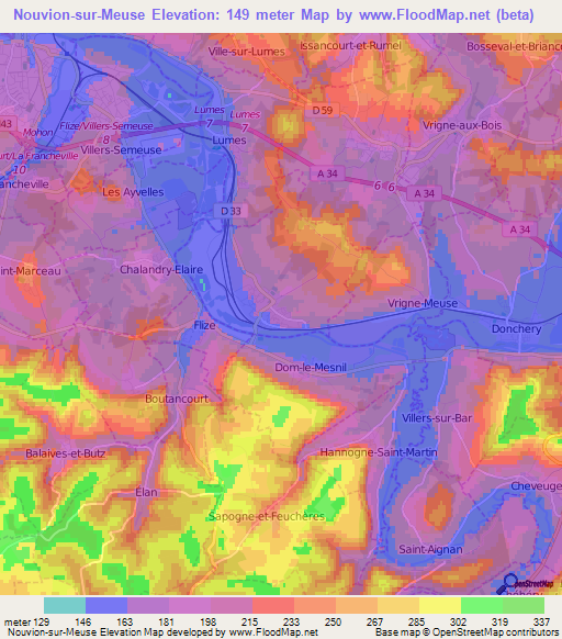 Nouvion-sur-Meuse,France Elevation Map