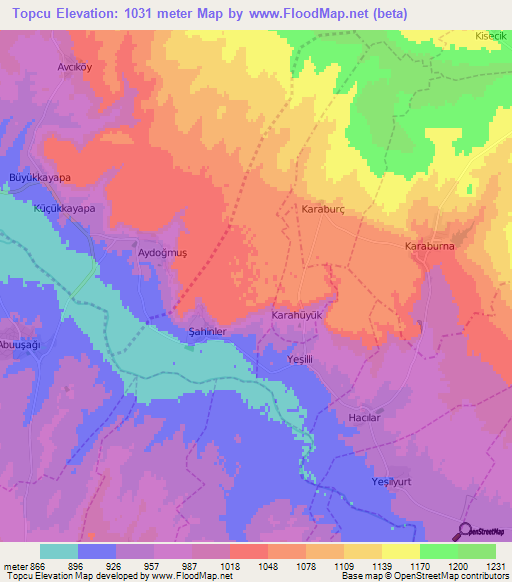 Topcu,Turkey Elevation Map