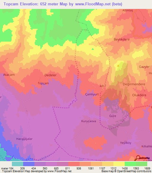 Topcam,Turkey Elevation Map