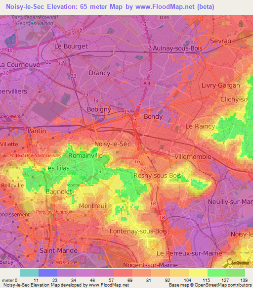 Noisy-le-Sec,France Elevation Map