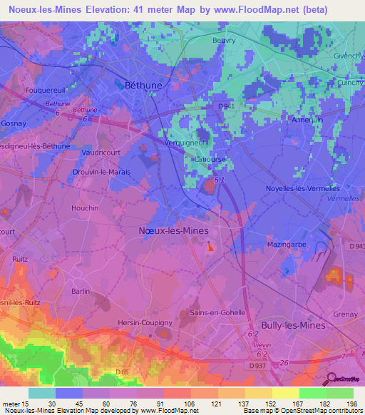 Noeux-les-Mines,France Elevation Map