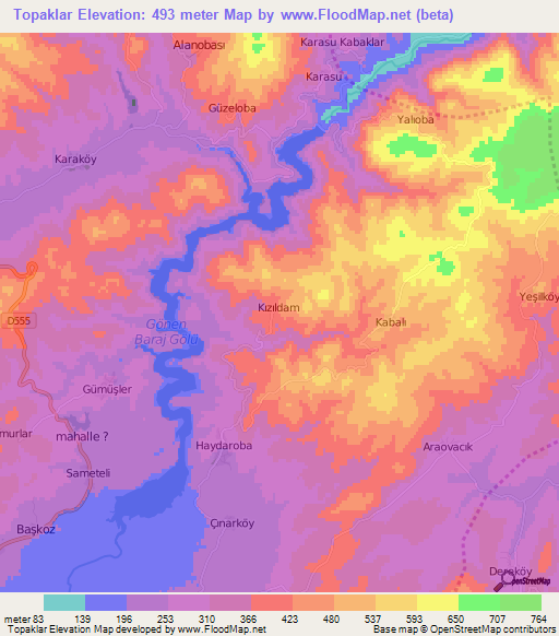 Topaklar,Turkey Elevation Map