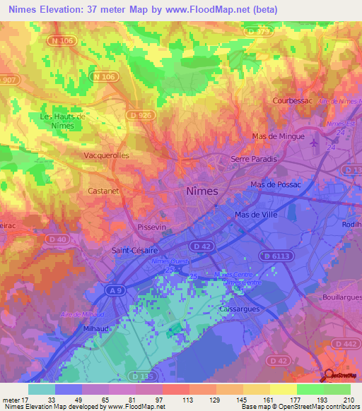 Nimes,France Elevation Map