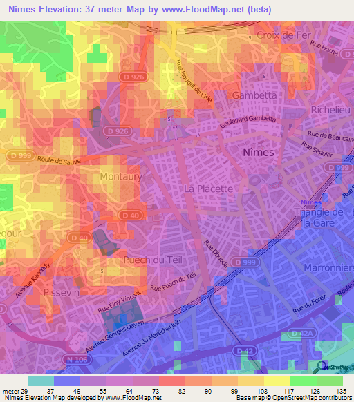 Nimes,France Elevation Map