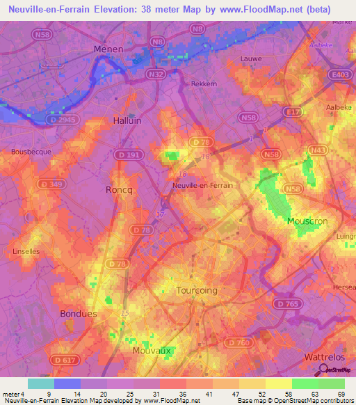 Neuville-en-Ferrain,France Elevation Map