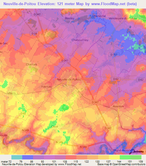 Neuville-de-Poitou,France Elevation Map