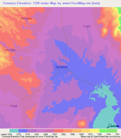 Tomarza,Turkey Elevation Map