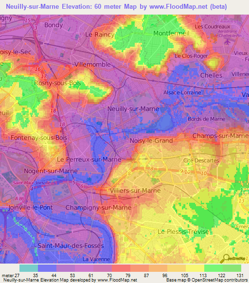 Neuilly-sur-Marne,France Elevation Map