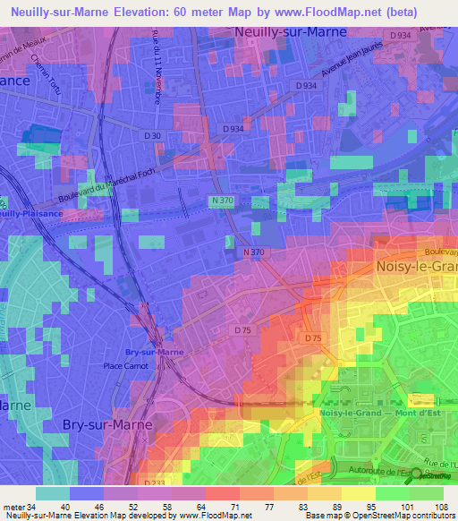 Neuilly-sur-Marne,France Elevation Map