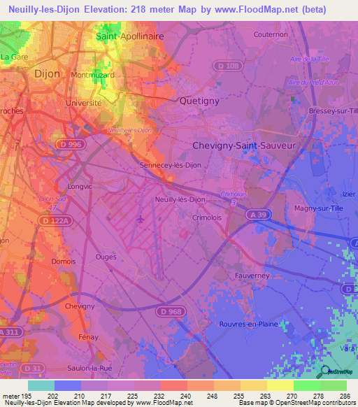 Neuilly-les-Dijon,France Elevation Map