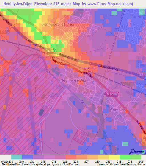 Neuilly-les-Dijon,France Elevation Map