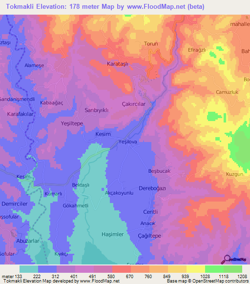 Tokmakli,Turkey Elevation Map