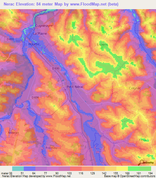 Nerac,France Elevation Map