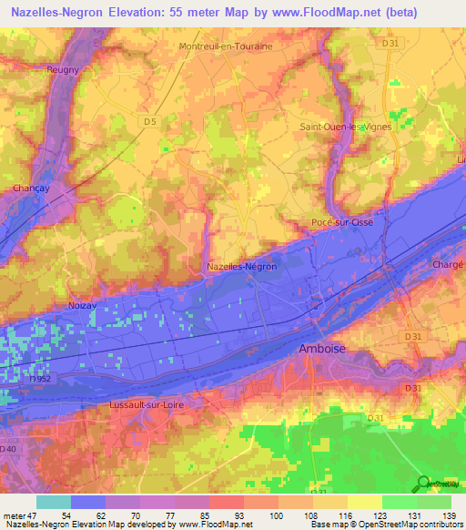 Nazelles-Negron,France Elevation Map