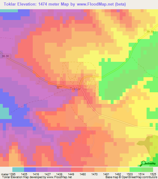 Toklar,Turkey Elevation Map