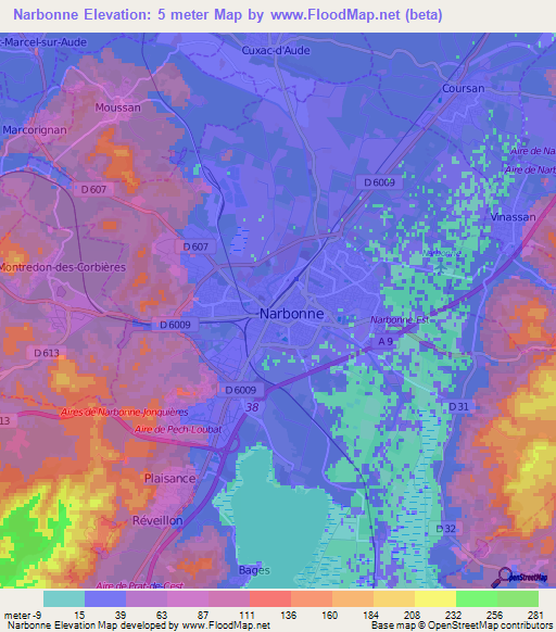 Narbonne,France Elevation Map