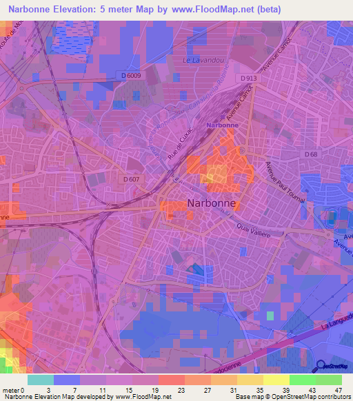 Narbonne,France Elevation Map