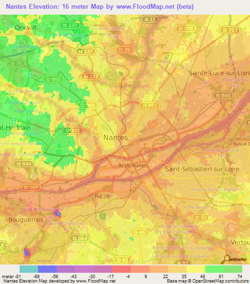 Nantes,France Elevation Map